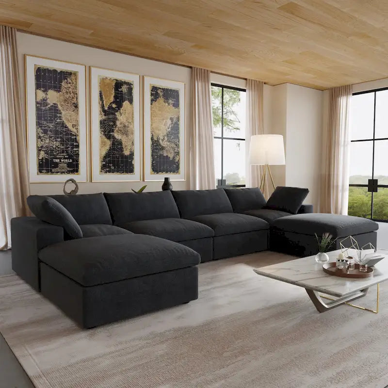 U-shape Linen Upholstered Sectional Sofa Multiple Cushions Modular Couch