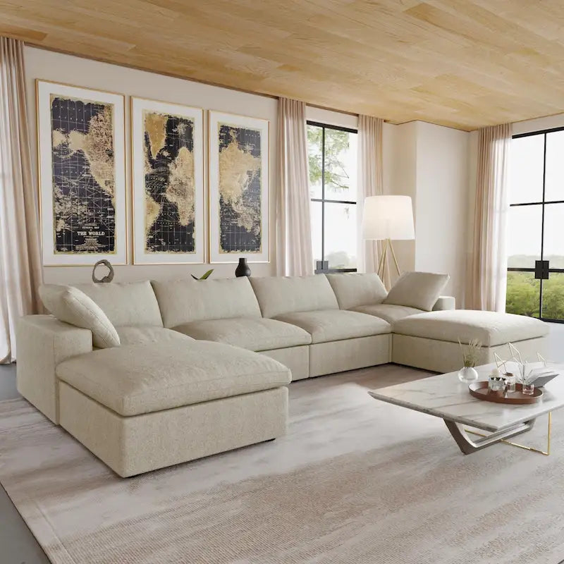 U-shape Linen Upholstered Sectional Sofa Multiple Cushions Modular Couch