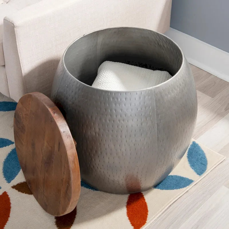 Hammered Metal Storage Drum with Wood Lid, Rustic Side Table, 19" Height x 16" Diameter