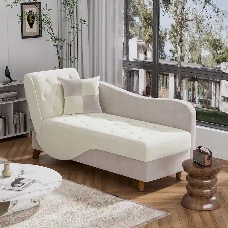 Padded storage chaise lounge with left armrest and lumbar support pillow.