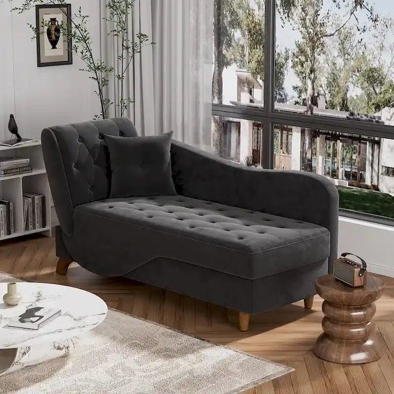 Padded storage chaise lounge with left armrest and lumbar support pillow.