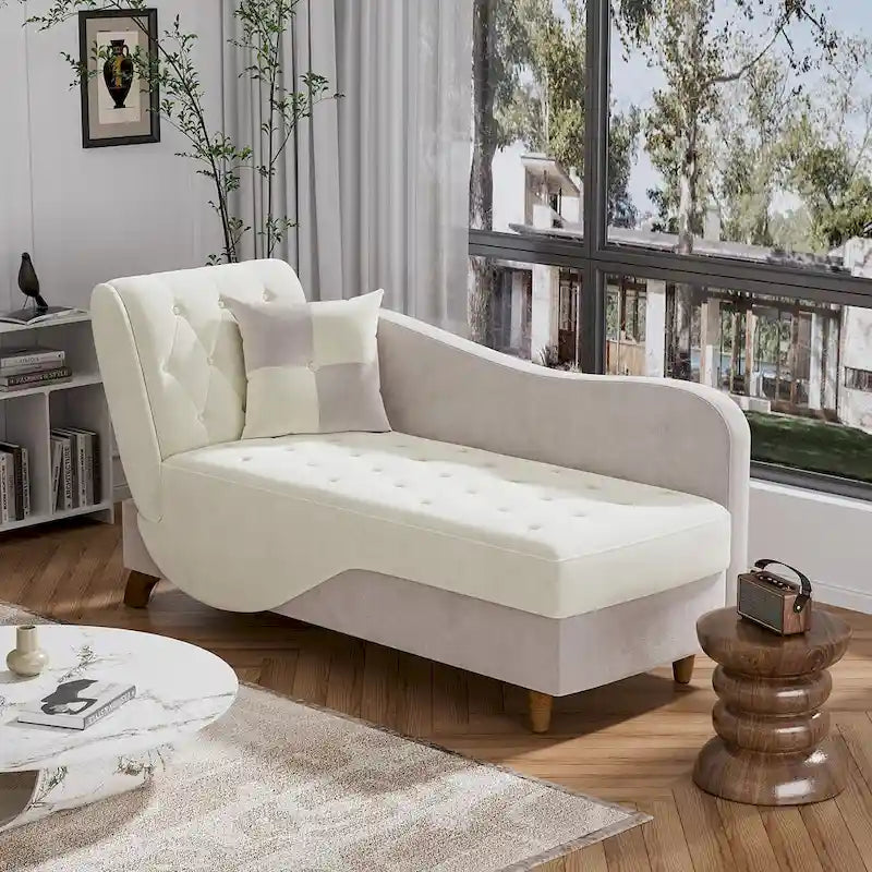 Padded storage chaise lounge with left armrest and lumbar support pillow.