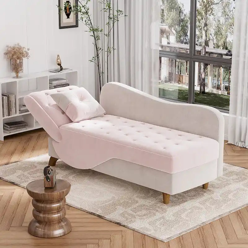 Padded storage chaise lounge with left armrest and lumbar support pillow.