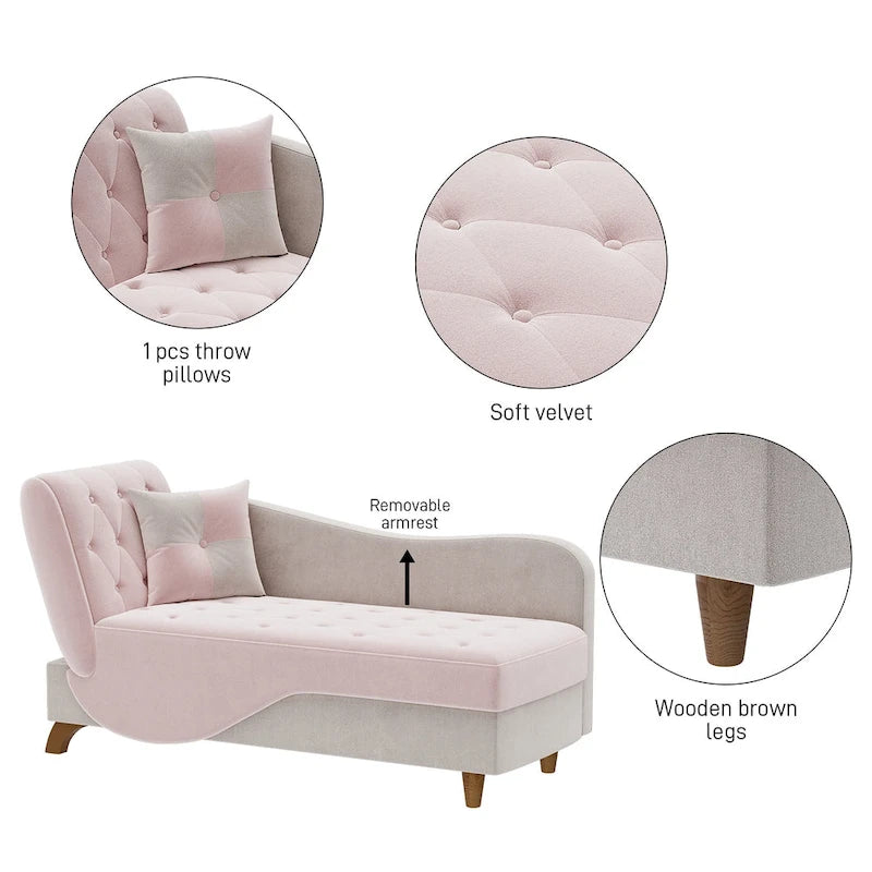 Padded storage chaise lounge with left armrest and lumbar support pillow.