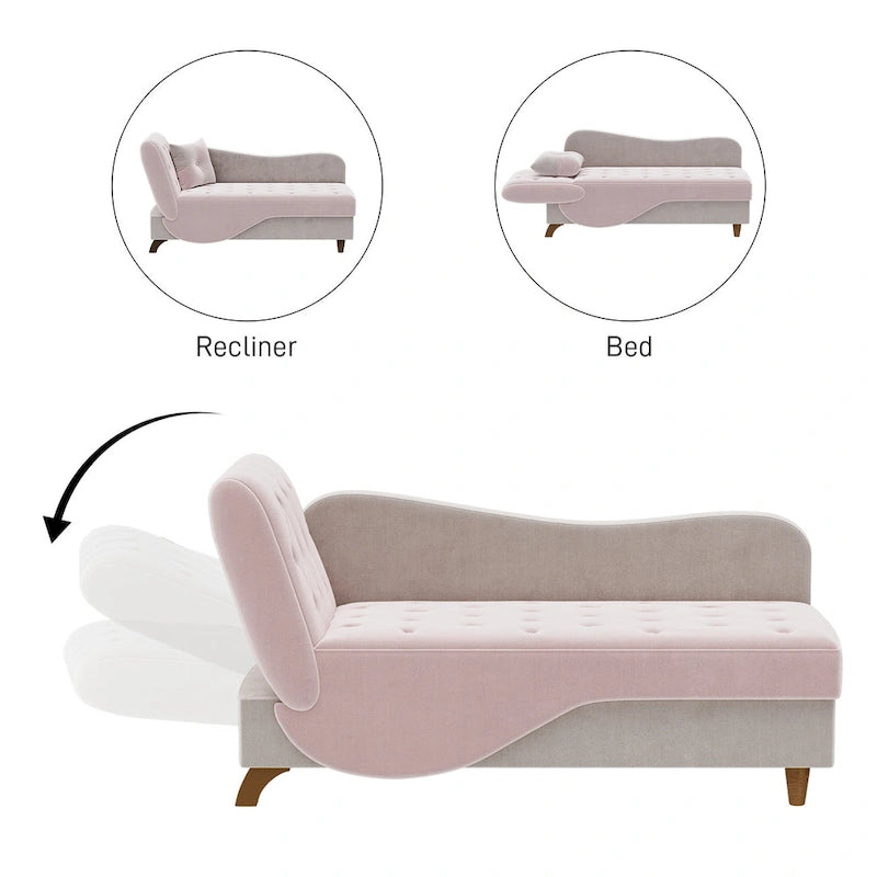 Padded storage chaise lounge with left armrest and lumbar support pillow.