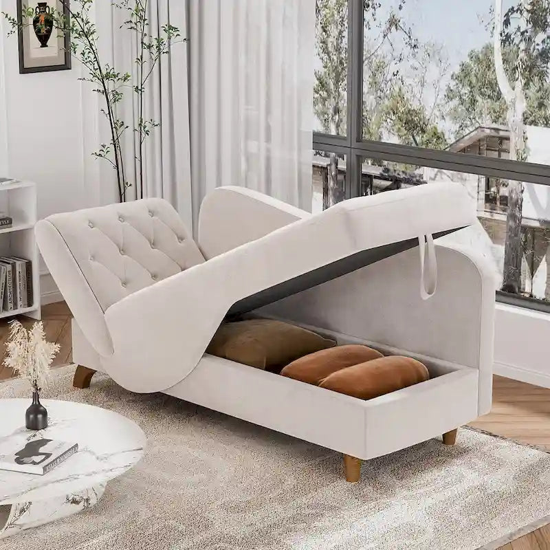 Padded storage chaise lounge with left armrest and lumbar support pillow.