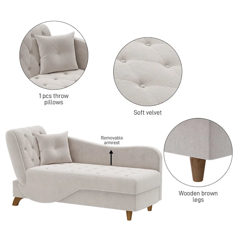 Padded storage chaise lounge with left armrest and lumbar support pillow.