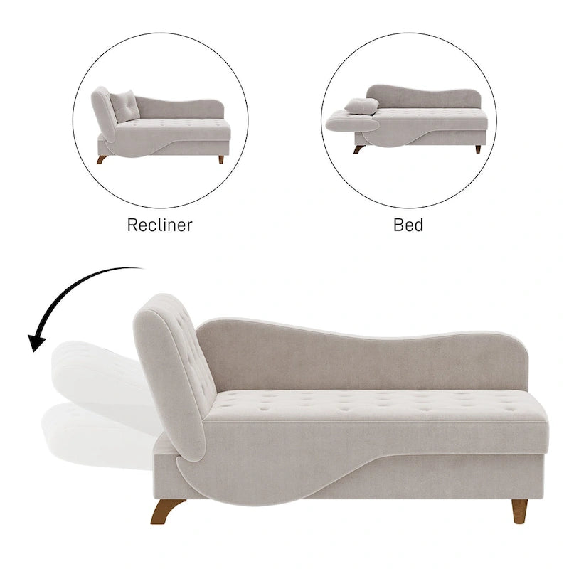 Padded storage chaise lounge with left armrest and lumbar support pillow.