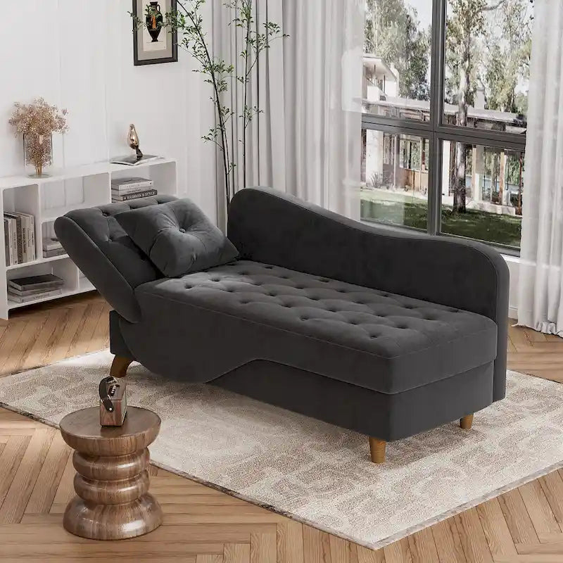Padded storage chaise lounge with left armrest and lumbar support pillow.
