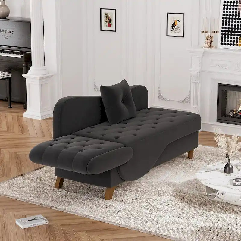 Padded storage chaise lounge with left armrest and lumbar support pillow.