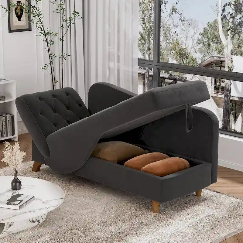 Padded storage chaise lounge with left armrest and lumbar support pillow.