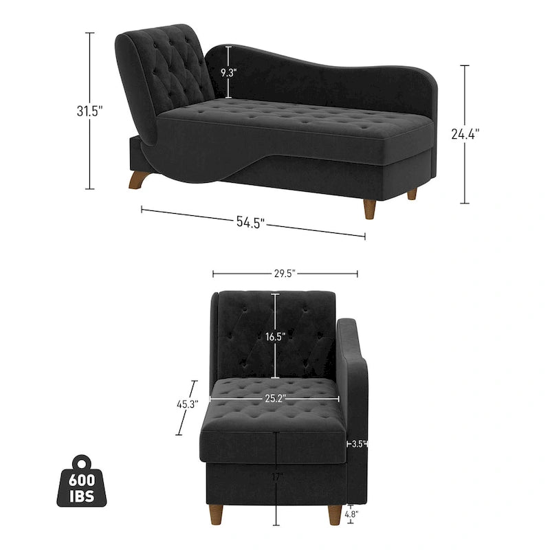 Padded storage chaise lounge with left armrest and lumbar support pillow.