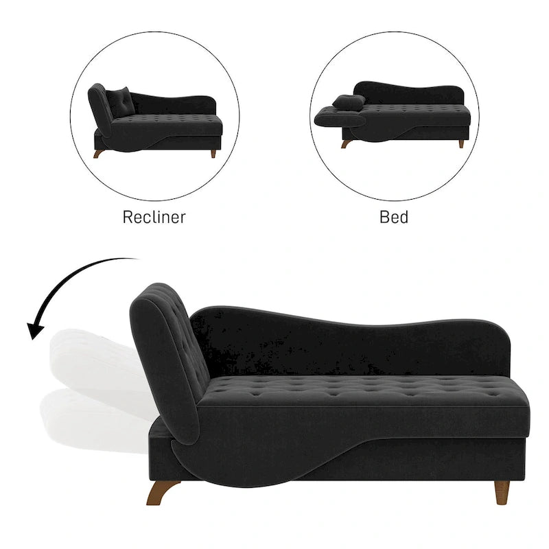 Padded storage chaise lounge with left armrest and lumbar support pillow.