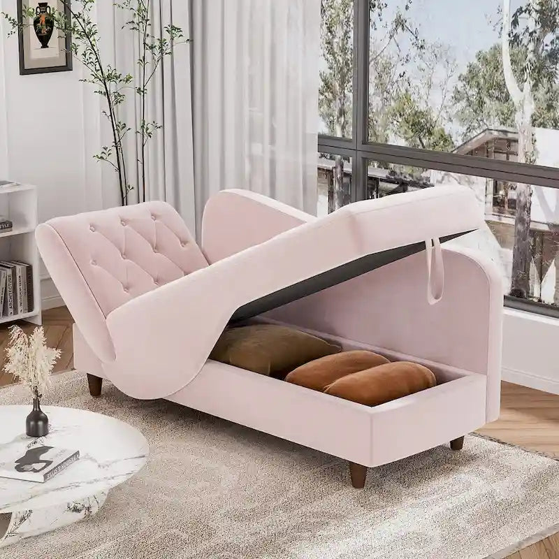 Padded storage chaise lounge with left armrest and lumbar support pillow.