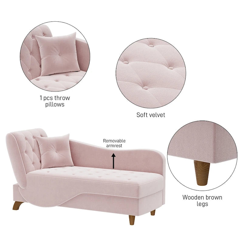 Padded storage chaise lounge with left armrest and lumbar support pillow.