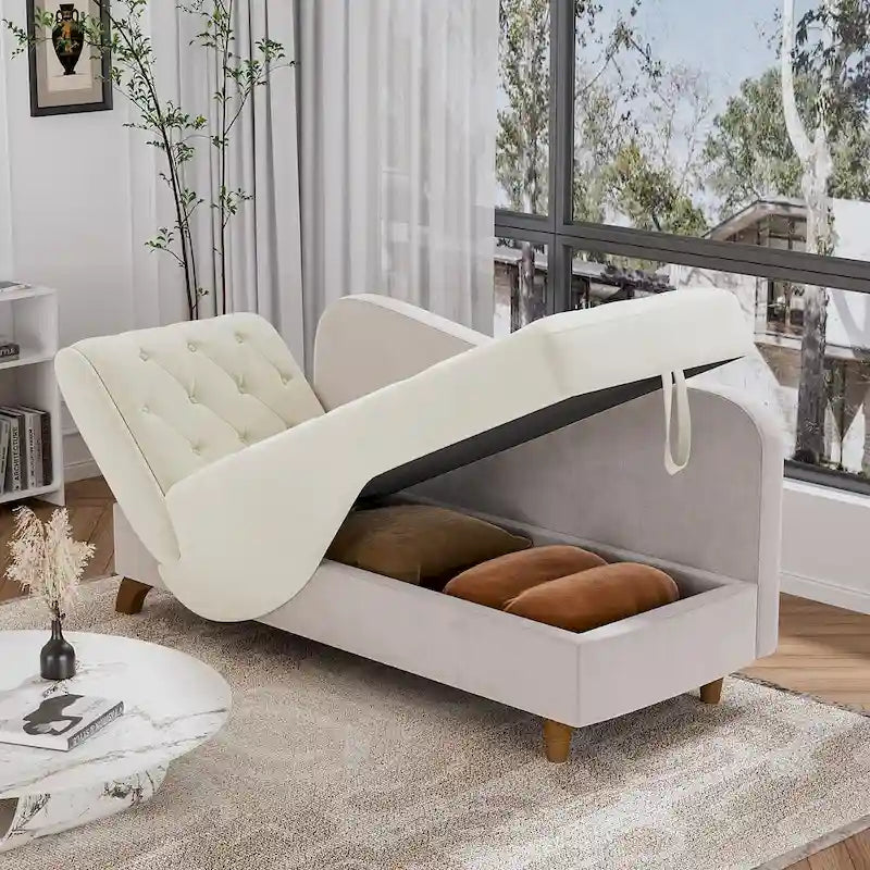 Padded storage chaise lounge with left armrest and lumbar support pillow.