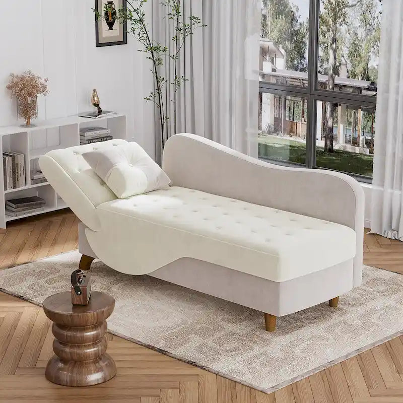 Padded storage chaise lounge with left armrest and lumbar support pillow.