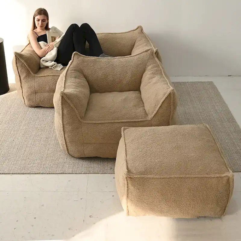 A sectional sofa with a light brown, lambskin-like texture.
