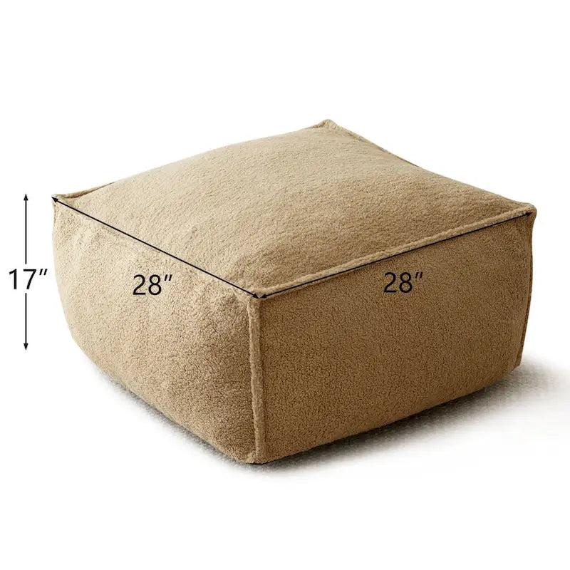 A sectional sofa with a light brown, lambskin-like texture.