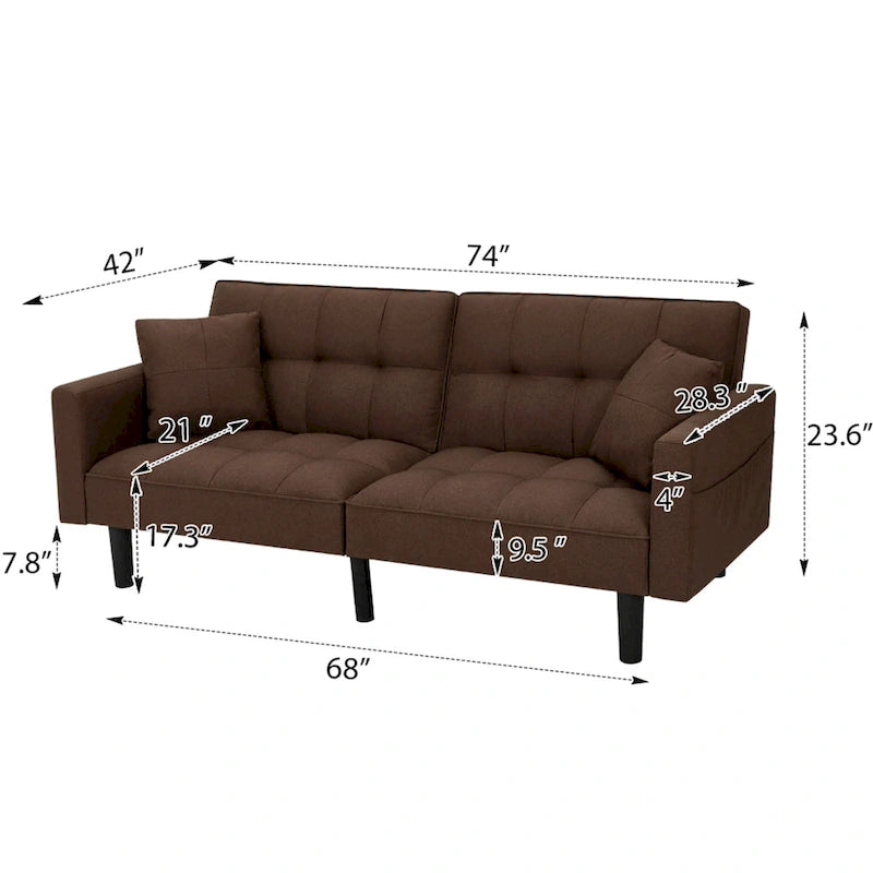Adjustable Futon Sofa, 74" Wide with Memory Foam Cushions & 2 Side Pockets, 660 lbs Weight Limit