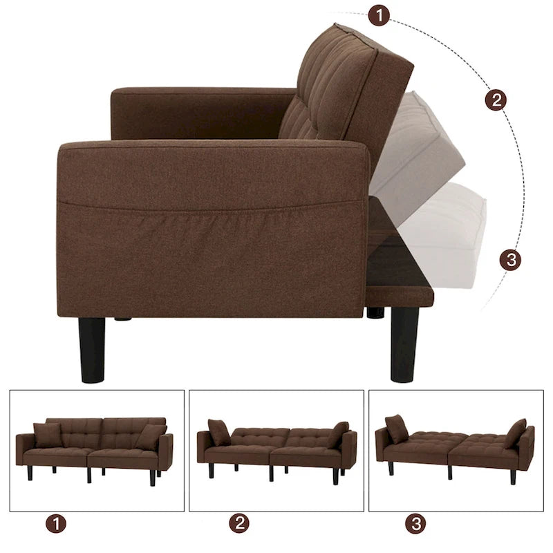 Adjustable Futon Sofa, 74" Wide with Memory Foam Cushions & 2 Side Pockets, 660 lbs Weight Limit