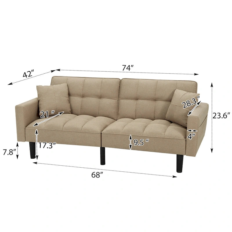 Adjustable Futon Sofa, 74" Wide with Memory Foam Cushions & 2 Side Pockets, 660 lbs Weight Limit