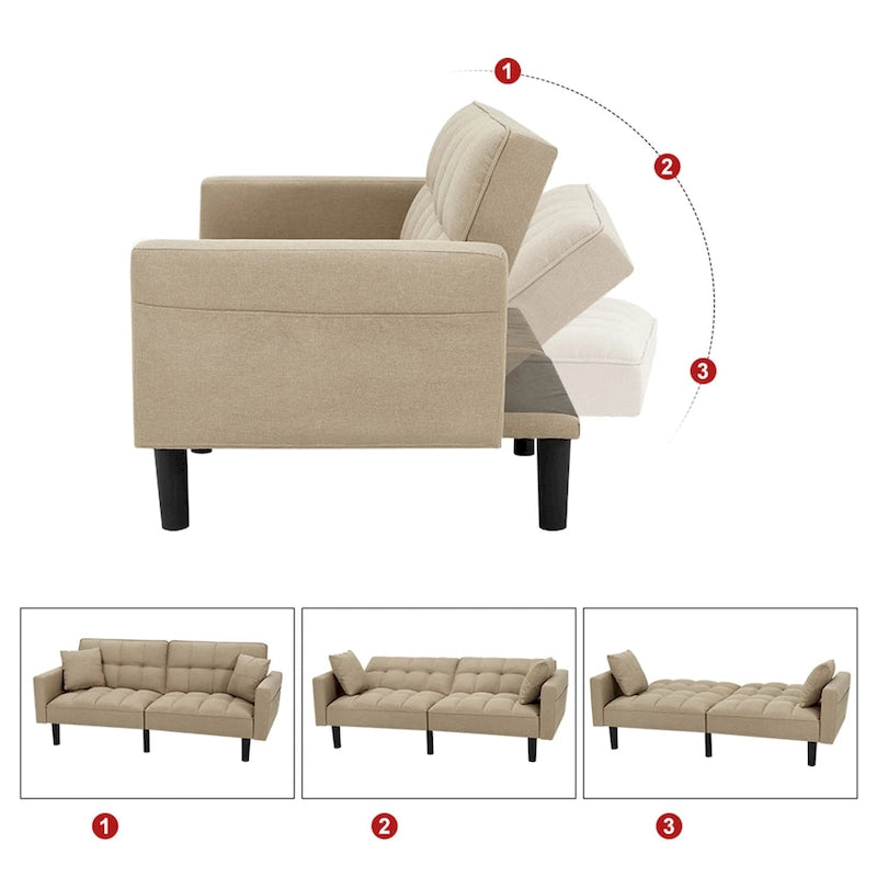Adjustable Futon Sofa, 74" Wide with Memory Foam Cushions & 2 Side Pockets, 660 lbs Weight Limit