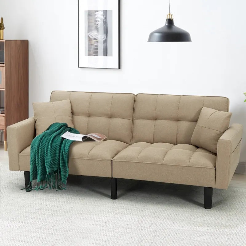 Adjustable Futon Sofa, 74" Wide with Memory Foam Cushions & 2 Side Pockets, 660 lbs Weight Limit