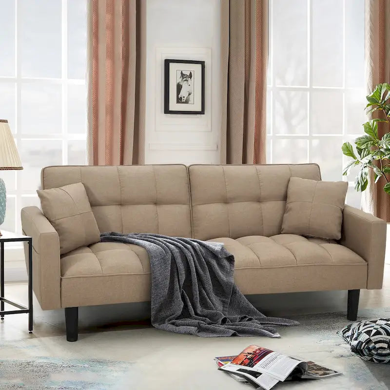 Adjustable Futon Sofa, 74" Wide with Memory Foam Cushions & 2 Side Pockets, 660 lbs Weight Limit