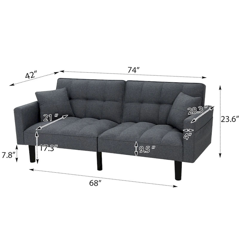 Adjustable Futon Sofa, 74" Wide with Memory Foam Cushions & 2 Side Pockets, 660 lbs Weight Limit