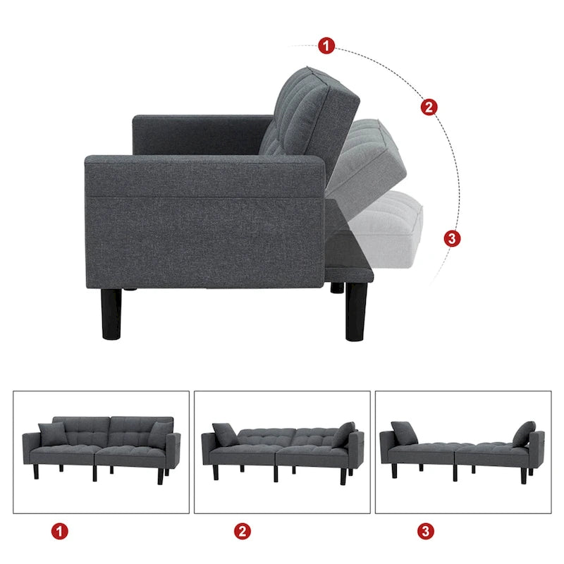 Adjustable Futon Sofa, 74" Wide with Memory Foam Cushions & 2 Side Pockets, 660 lbs Weight Limit