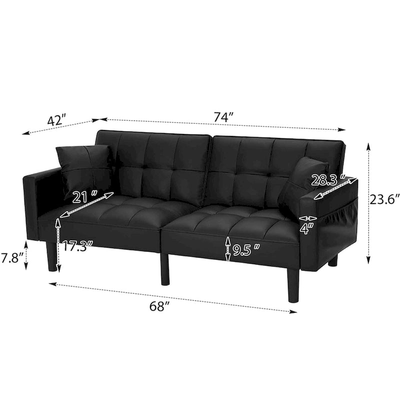 Adjustable Futon Sofa, 74" Wide with Memory Foam Cushions & 2 Side Pockets, 660 lbs Weight Limit