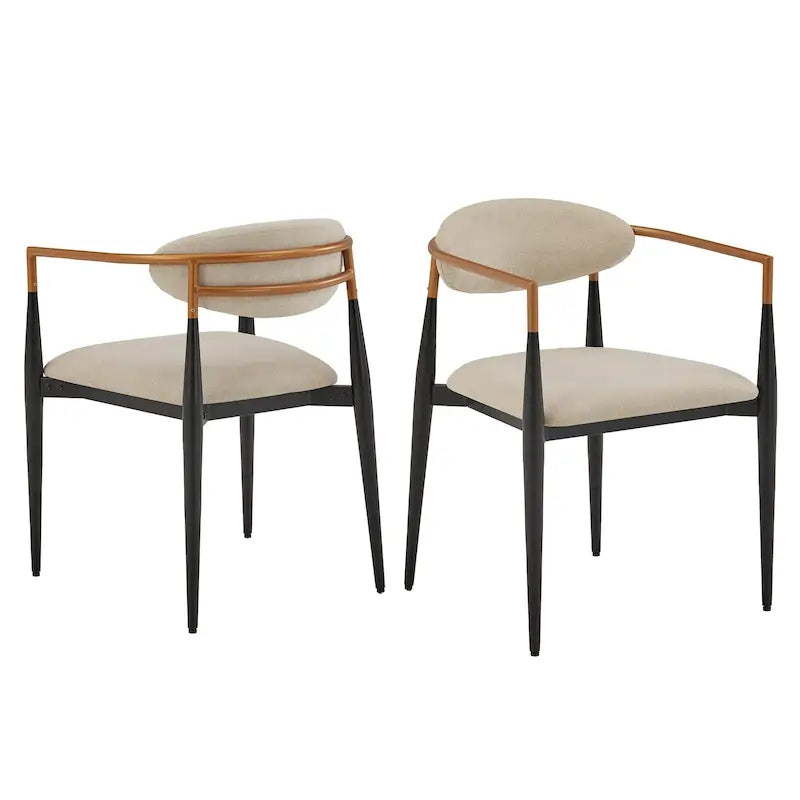 Two-Tone Copper & Black Iron Dining Chairs with Metal Armrests & Fabric Seats, Mid-Century Modern Style, Set of 2