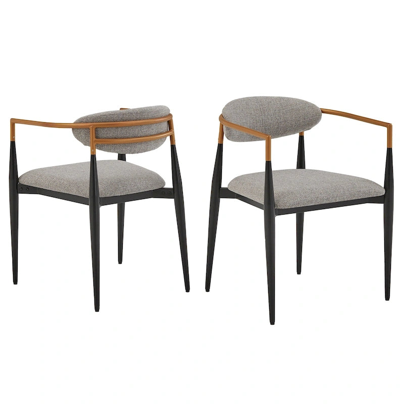 Two-Tone Copper & Black Iron Dining Chairs with Metal Armrests & Fabric Seats, Mid-Century Modern Style, Set of 2