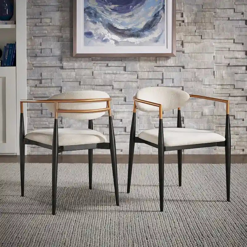 Two-Tone Copper & Black Iron Dining Chairs with Metal Armrests & Fabric Seats, Mid-Century Modern Style, Set of 2