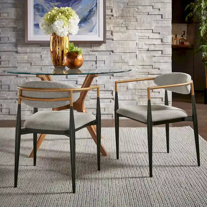 Two-Tone Copper & Black Iron Dining Chairs with Metal Armrests & Fabric Seats, Mid-Century Modern Style, Set of 2