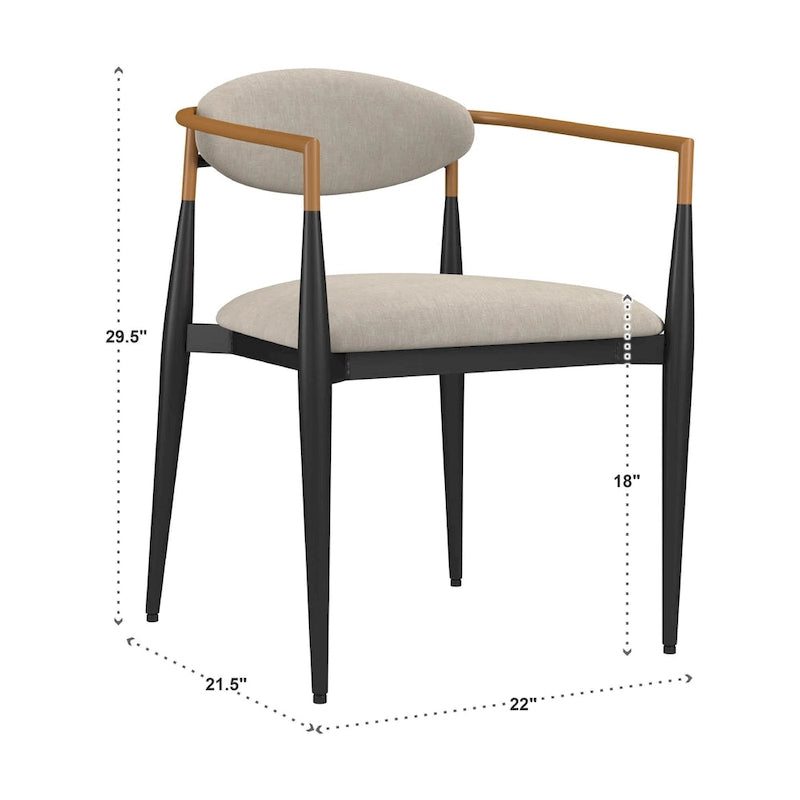 Two-Tone Copper & Black Iron Dining Chairs with Metal Armrests & Fabric Seats, Mid-Century Modern Style, Set of 2