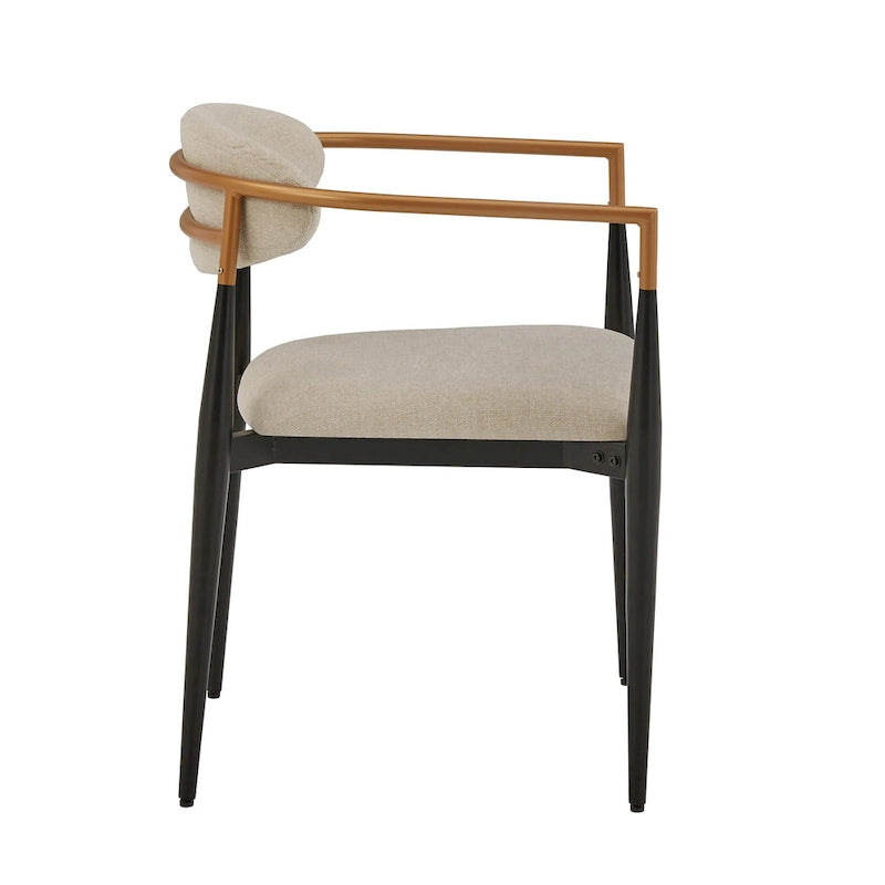 Two-Tone Copper & Black Iron Dining Chairs with Metal Armrests & Fabric Seats, Mid-Century Modern Style, Set of 2