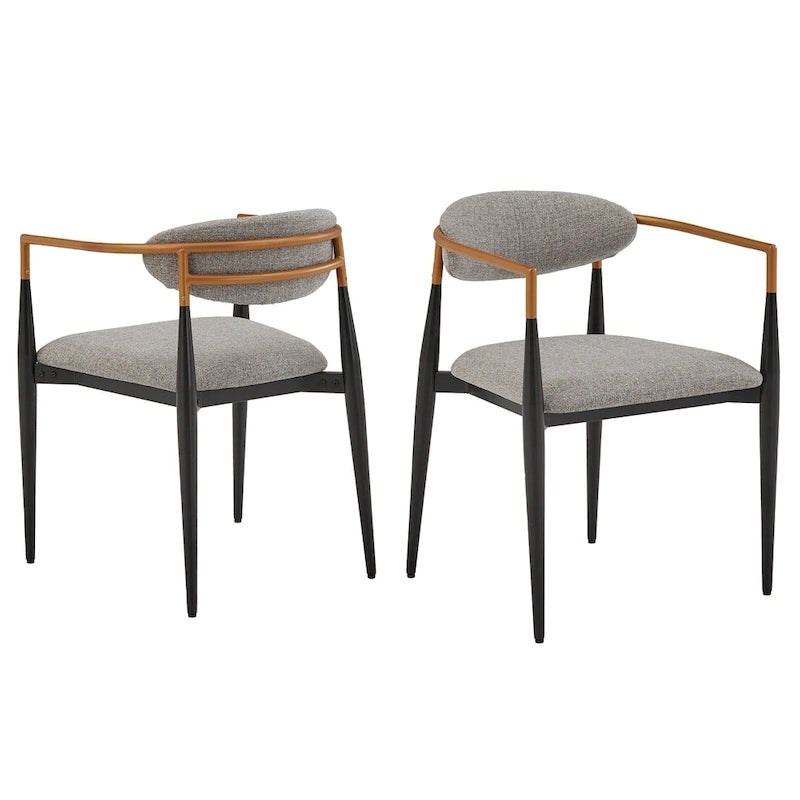 Two-Tone Copper & Black Iron Dining Chairs with Metal Armrests & Fabric Seats, Mid-Century Modern Style, Set of 2