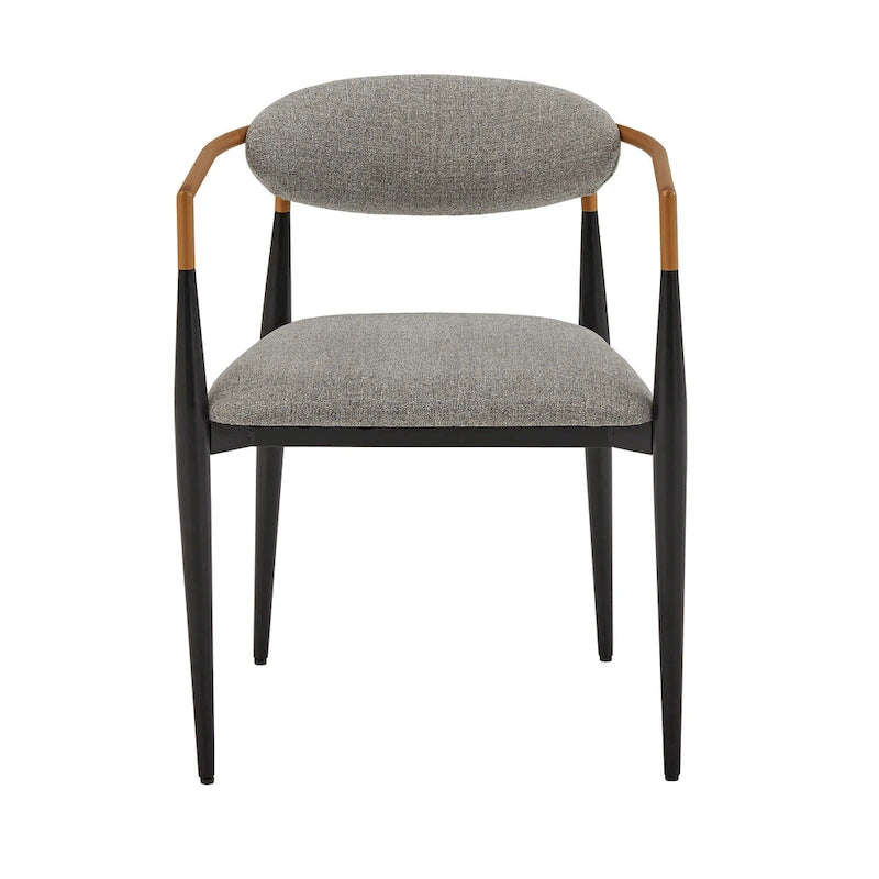 Two-Tone Copper & Black Iron Dining Chairs with Metal Armrests & Fabric Seats, Mid-Century Modern Style, Set of 2