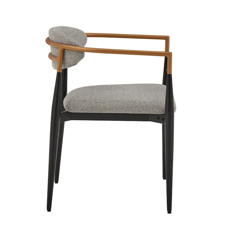 Two-Tone Copper & Black Iron Dining Chairs with Metal Armrests & Fabric Seats, Mid-Century Modern Style, Set of 2