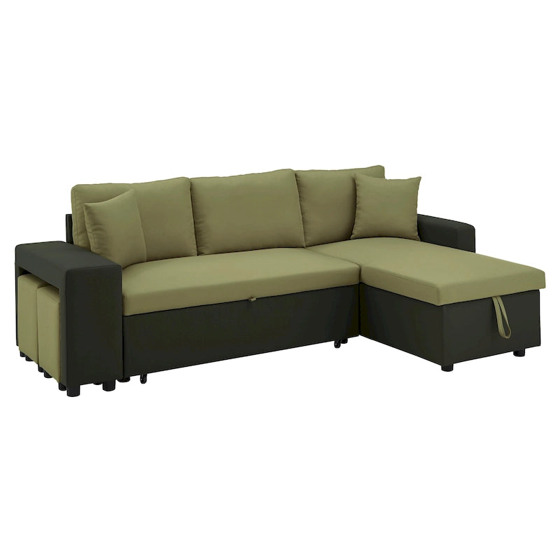 A convertible sofa bed, combined with "hidden storage" and an "L-shaped design," demonstrates its versatility.