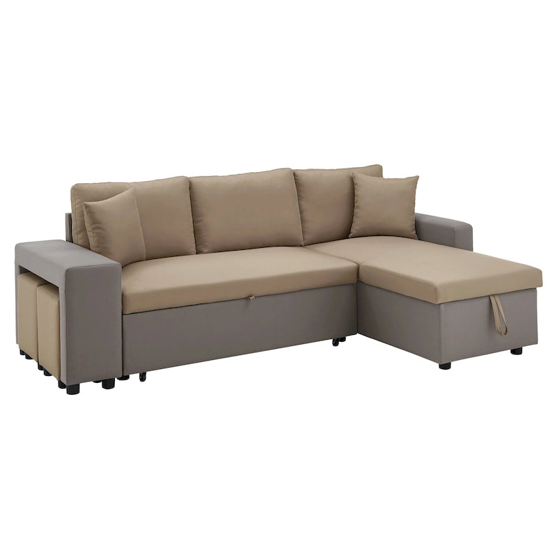 A convertible sofa bed, combined with "hidden storage" and an "L-shaped design," demonstrates its versatility.
