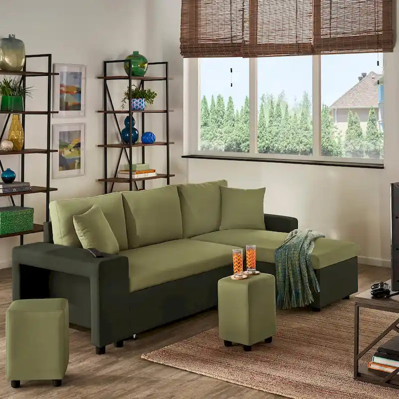 A convertible sofa bed, combined with "hidden storage" and an "L-shaped design," demonstrates its versatility.