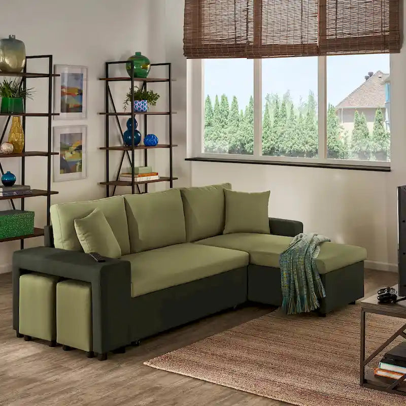 A convertible sofa bed, combined with "hidden storage" and an "L-shaped design," demonstrates its versatility.