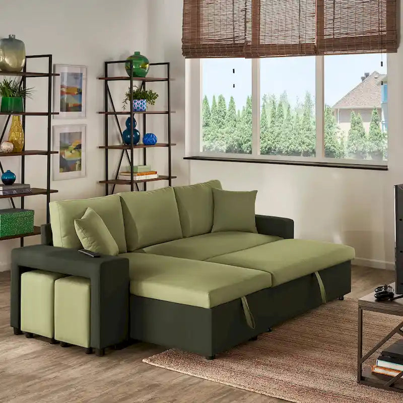 A convertible sofa bed, combined with "hidden storage" and an "L-shaped design," demonstrates its versatility.