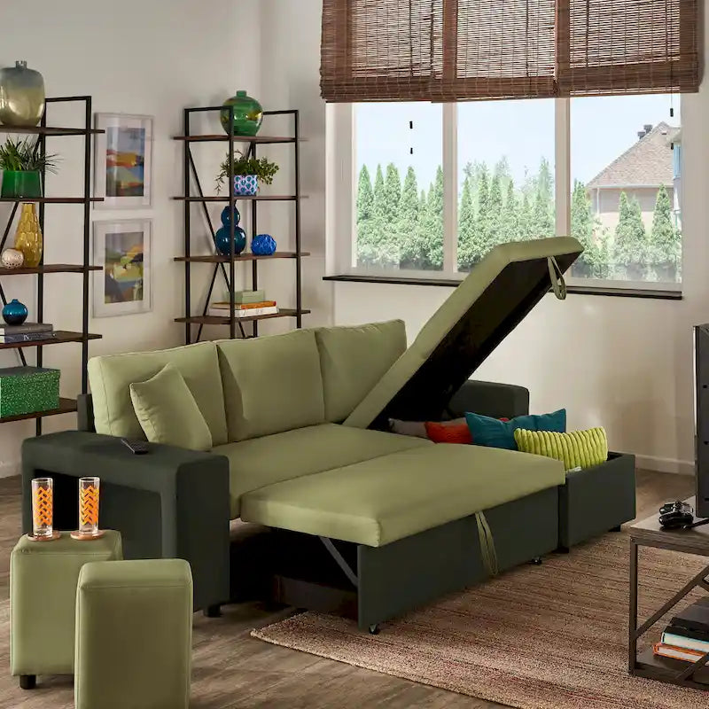 A convertible sofa bed, combined with "hidden storage" and an "L-shaped design," demonstrates its versatility.
