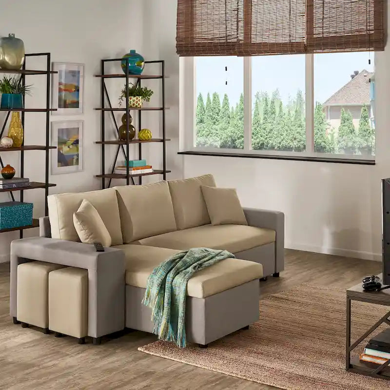 A convertible sofa bed, combined with "hidden storage" and an "L-shaped design," demonstrates its versatility.