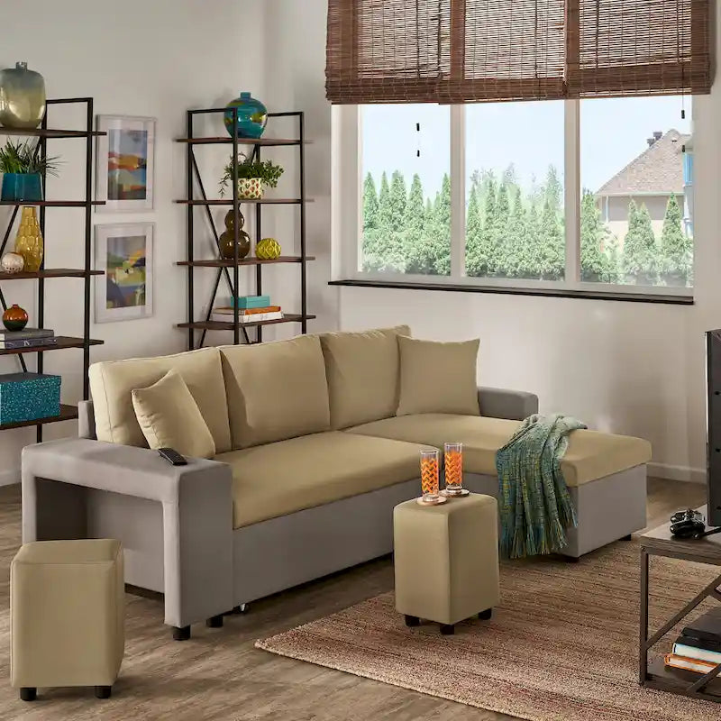 A convertible sofa bed, combined with "hidden storage" and an "L-shaped design," demonstrates its versatility.