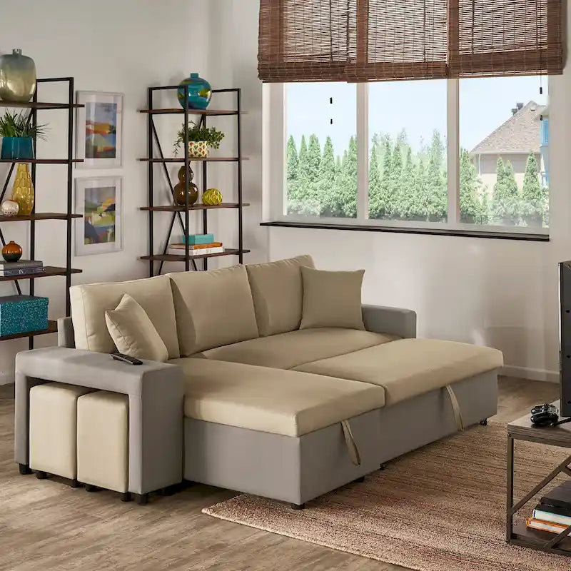 A convertible sofa bed, combined with "hidden storage" and an "L-shaped design," demonstrates its versatility.